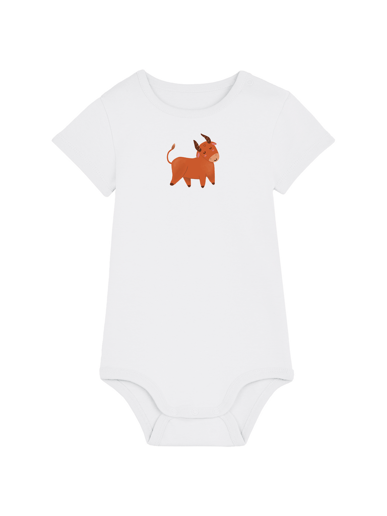 Außergewöhnliches Sternzeichengeschenk: Personalisierter Baby-Body (0–2 J.) 'Sternzeichen Stier', Frontansicht in Weiß