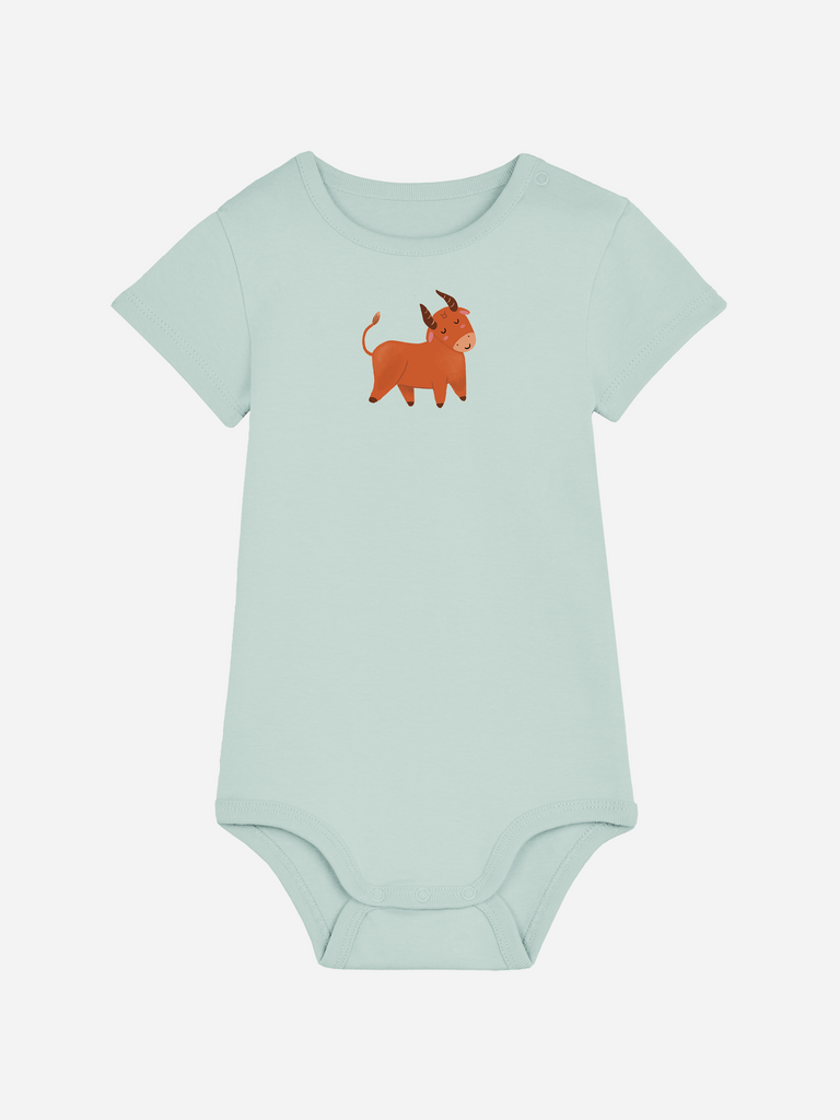 Außergewöhnliches Sternzeichengeschenk: Personalisierter Baby-Body (0–2 J.) 'Sternzeichen Stier', Frontansicht in Türkis