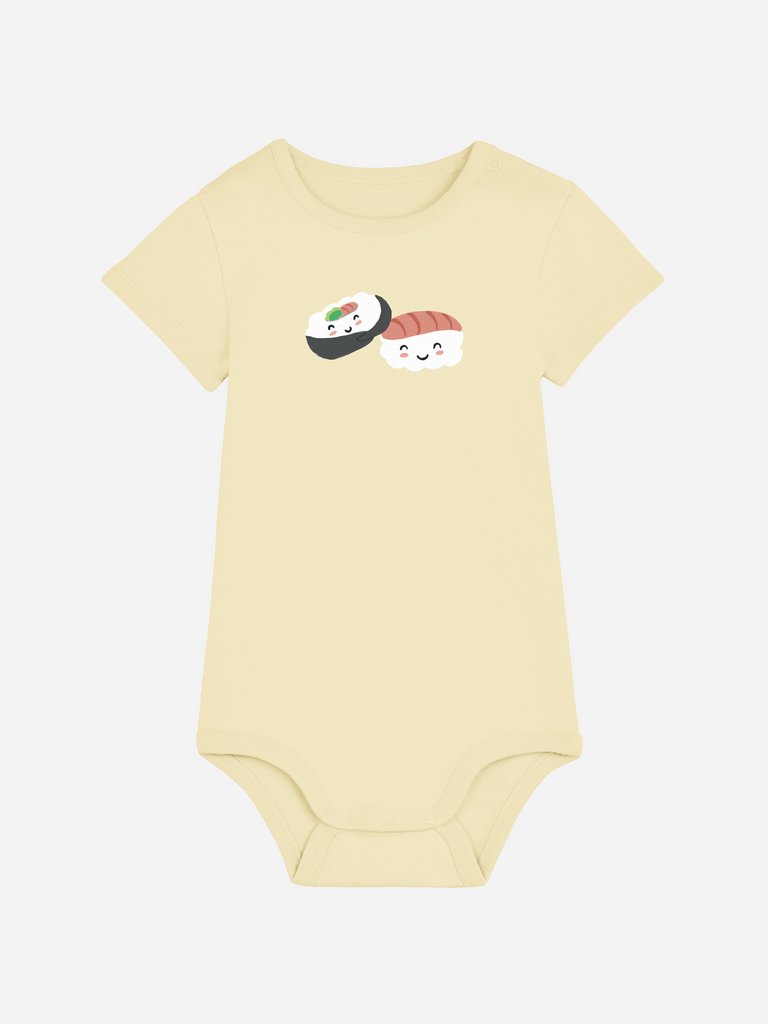 Baby-Body mit Spruch: Personalisierter Baby-Body (0–2 J.) 'Sushi', Frontansicht in Gelb