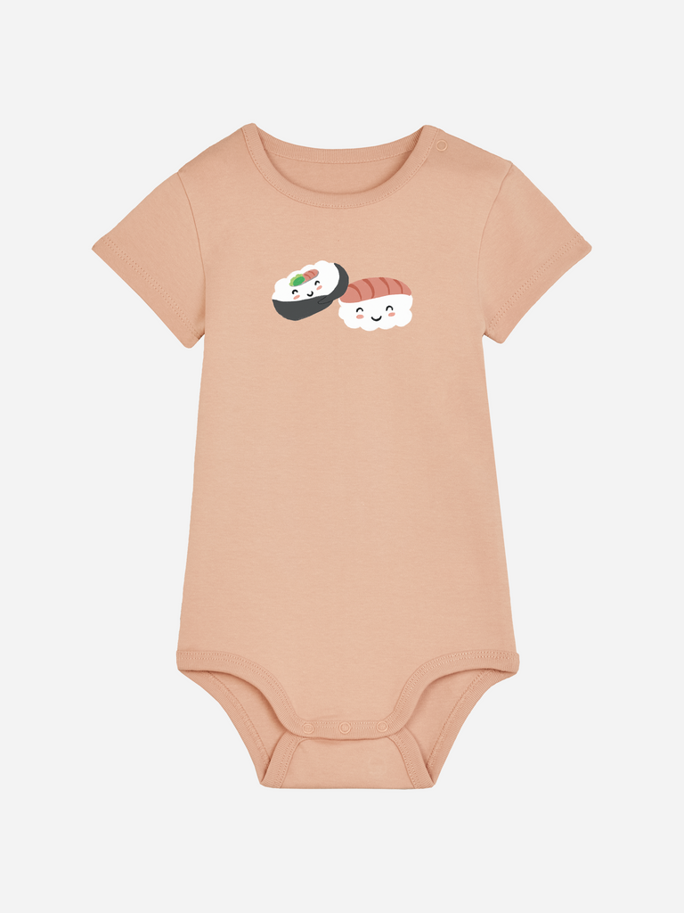 Baby-Body mit Spruch: Personalisierter Baby-Body (0–2 J.) 'Sushi', Frontansicht in Orange