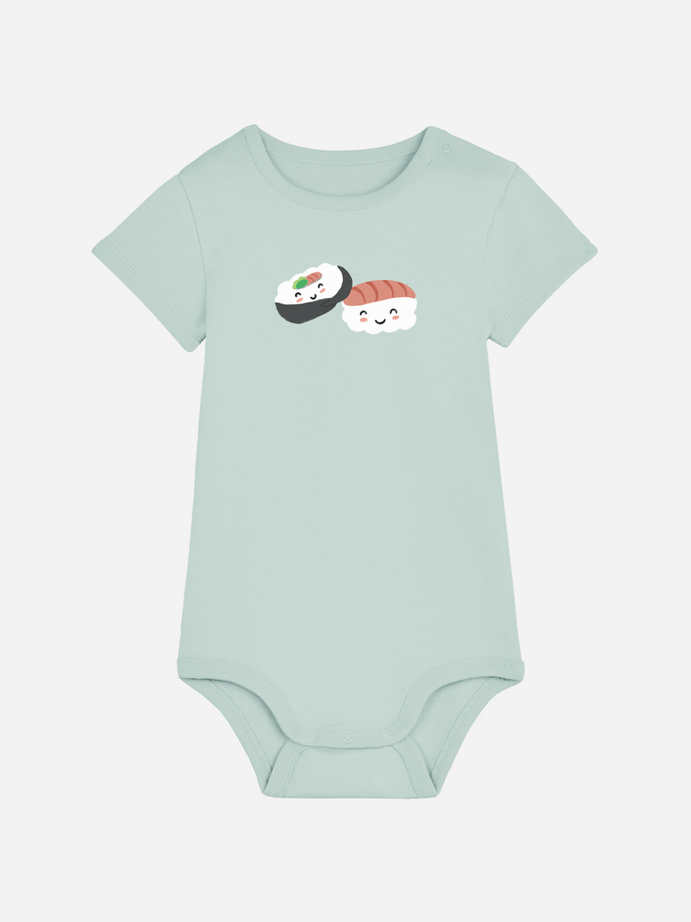 Baby-Body mit Spruch: Personalisierter Baby-Body (0–2 J.) 'Sushi', Frontansicht in Türkis