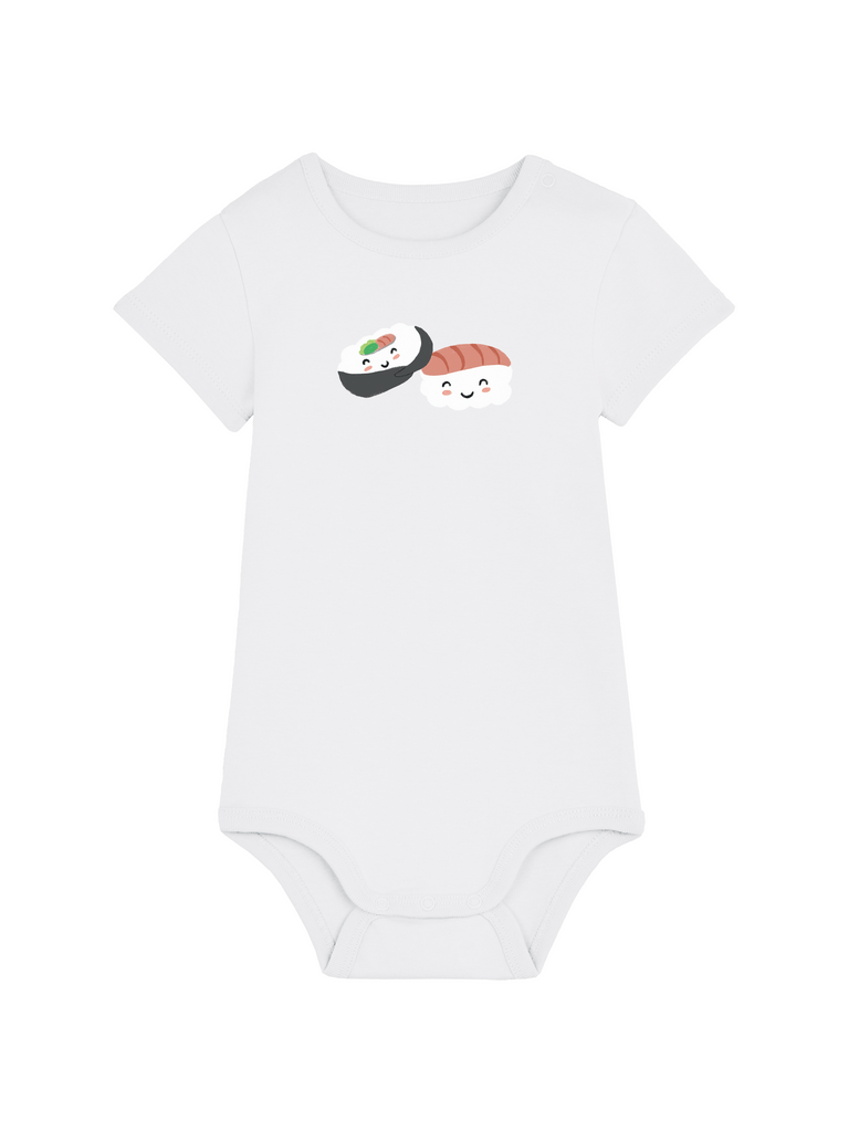Baby-Body mit Spruch: Personalisierter Baby-Body (0–2 J.) 'Sushi', Frontansicht in Weiß