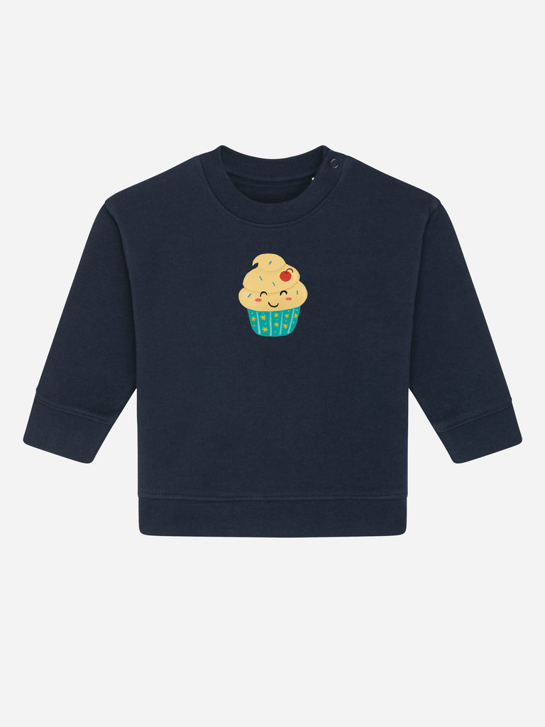 Personalisierbarer Bio-Pullover für Kinder mit süßem Cupcake-Design, ideal als Geschenk zum 2. Geburtstag.