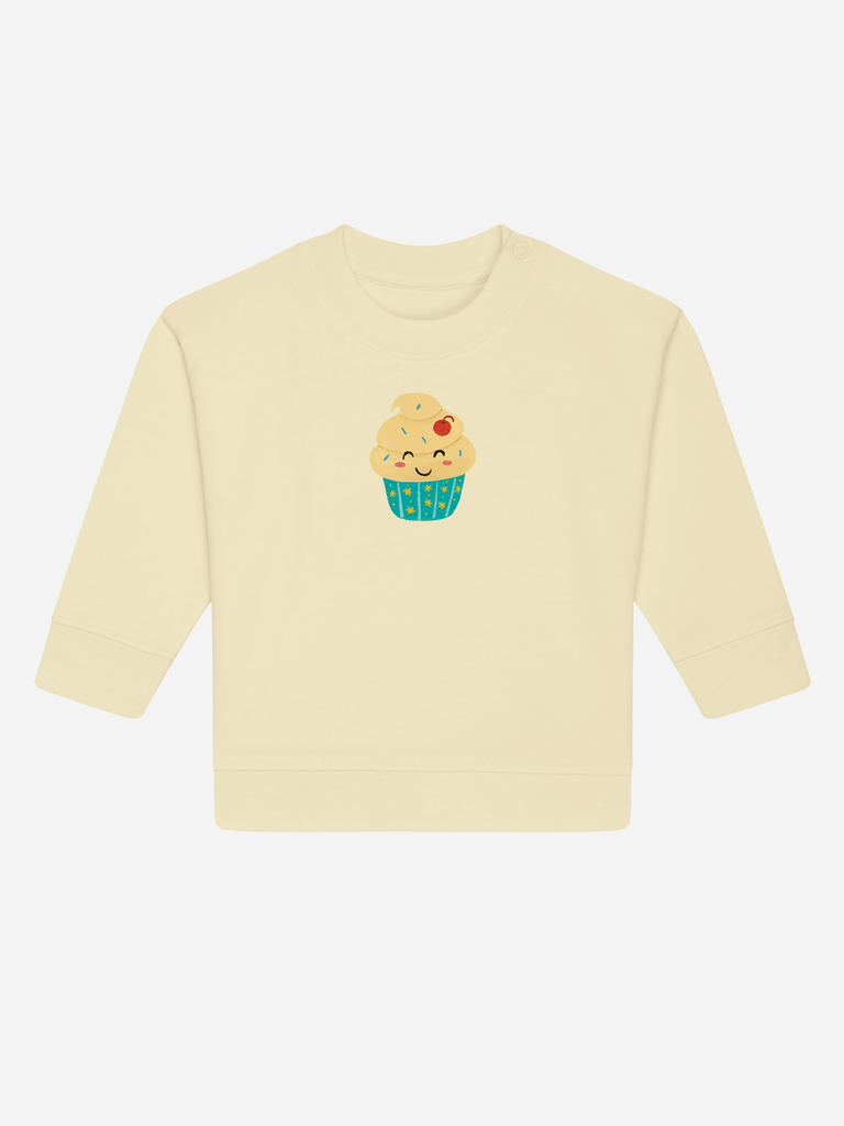Personalisierbarer Bio-Pullover für Kinder mit süßem Cupcake-Motiv, ideal als Geschenk zum 2. Geburtstag.