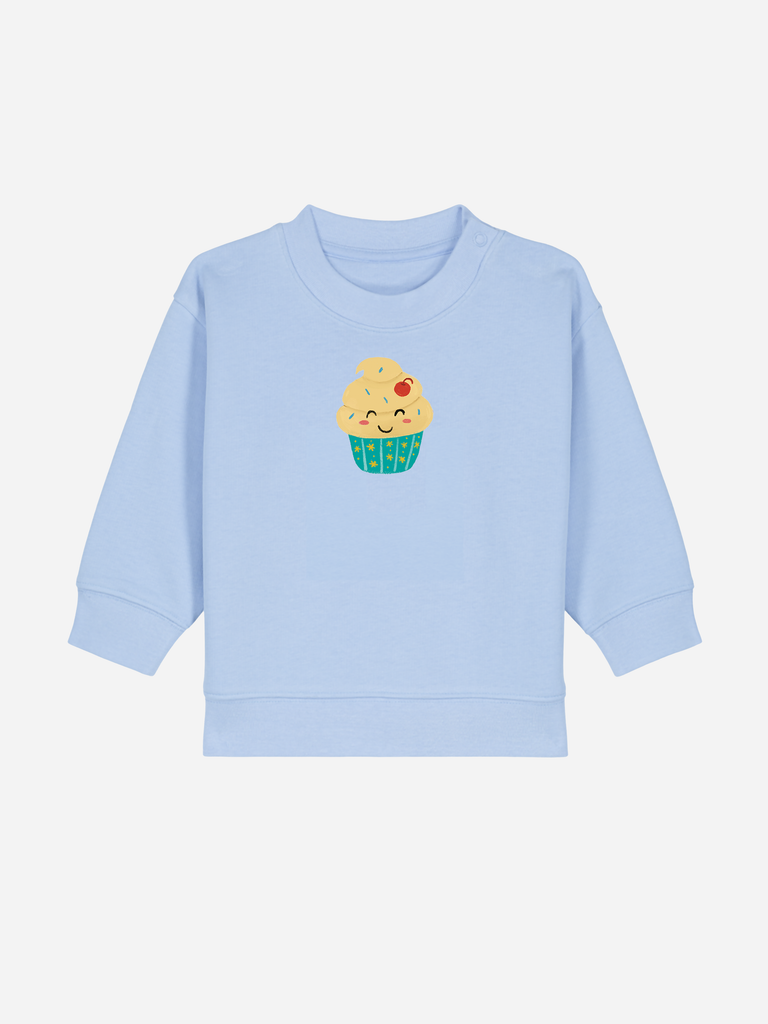 Personalisierbarer blauer Bio-Pullover für Kinder mit süßem Cupcake-Motiv, ideal als Geschenk zum 2. Geburtstag.