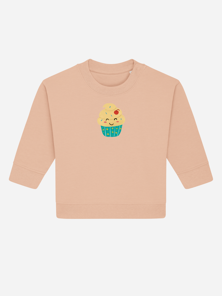 Beiger Bio-Pullover für Kleinkinder mit süßem Cupcake-Motiv, ideal als Geschenk zum 2. Geburtstag.
