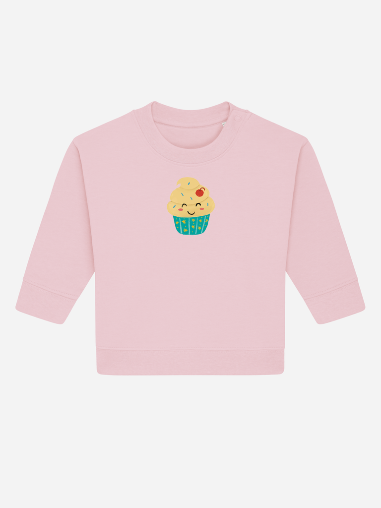 Personalisierbarer Bio-Pullover für Kinder mit süßem Cupcake-Motiv auf rosa Hintergrund.
