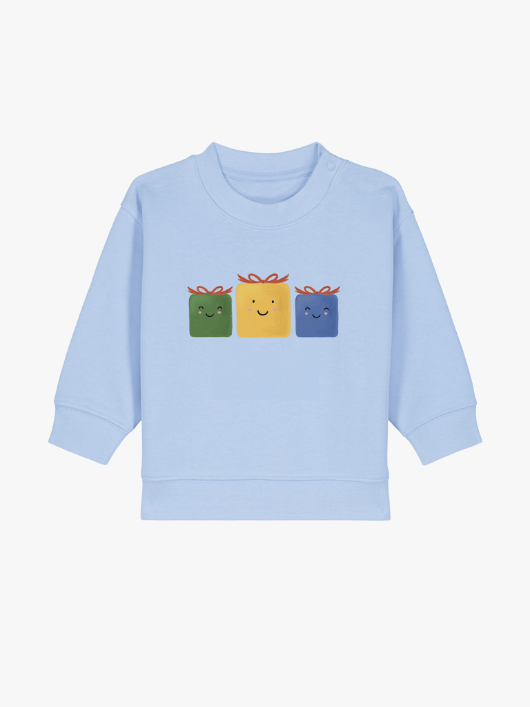 Personalisierbarer Bio-Pullover (0–3 J.) 'Geschenke': Personalisiertes Geschenk zu Weihnachten mit bunten Geschenk-Design.