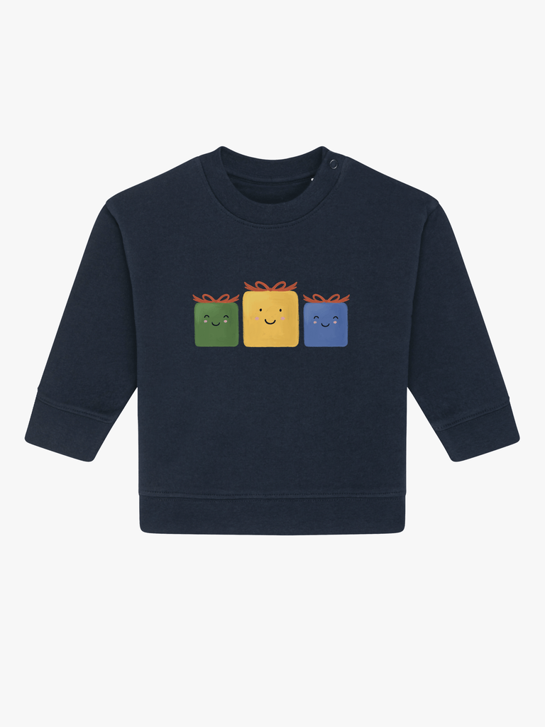 Personalisierbarer Bio-Pullover (0–3 J.) 'Geschenke': Personalisiertes Geschenk zu Weihnachten mit bunten Geschenkmotiven.