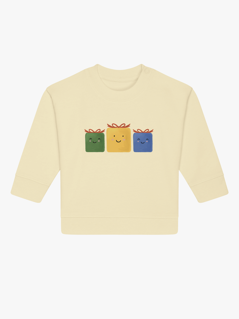Personalisierbarer Bio-Pullover (0–3 J.) 'Geschenke': Personalisiertes Geschenk zu Weihnachten mit bunten Geschenkdesigns.