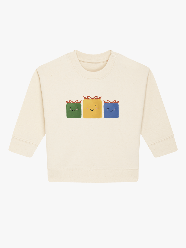 Personalisierbarer Bio-Pullover (0–3 J.) 'Geschenke': Personalisiertes Geschenk zu Weihnachten mit bunten Geschenk-Design.