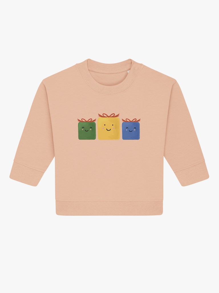 Personalisierbarer Bio-Pullover (0–3 J.) 'Geschenke': Personalisiertes Geschenk zu Weihnachten mit bunten Geschenken.