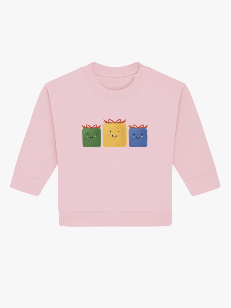 Personalisierbarer Bio-Pullover (0–3 J.) 'Geschenke': Personalisiertes Geschenk zu Weihnachten in rosa mit Geschenkdesign.