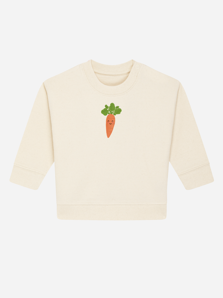 Personalisierbarer Bio-Pullover für Kleinkinder mit karottenförmigem Design, perfekt für individuelle Babykleidung.