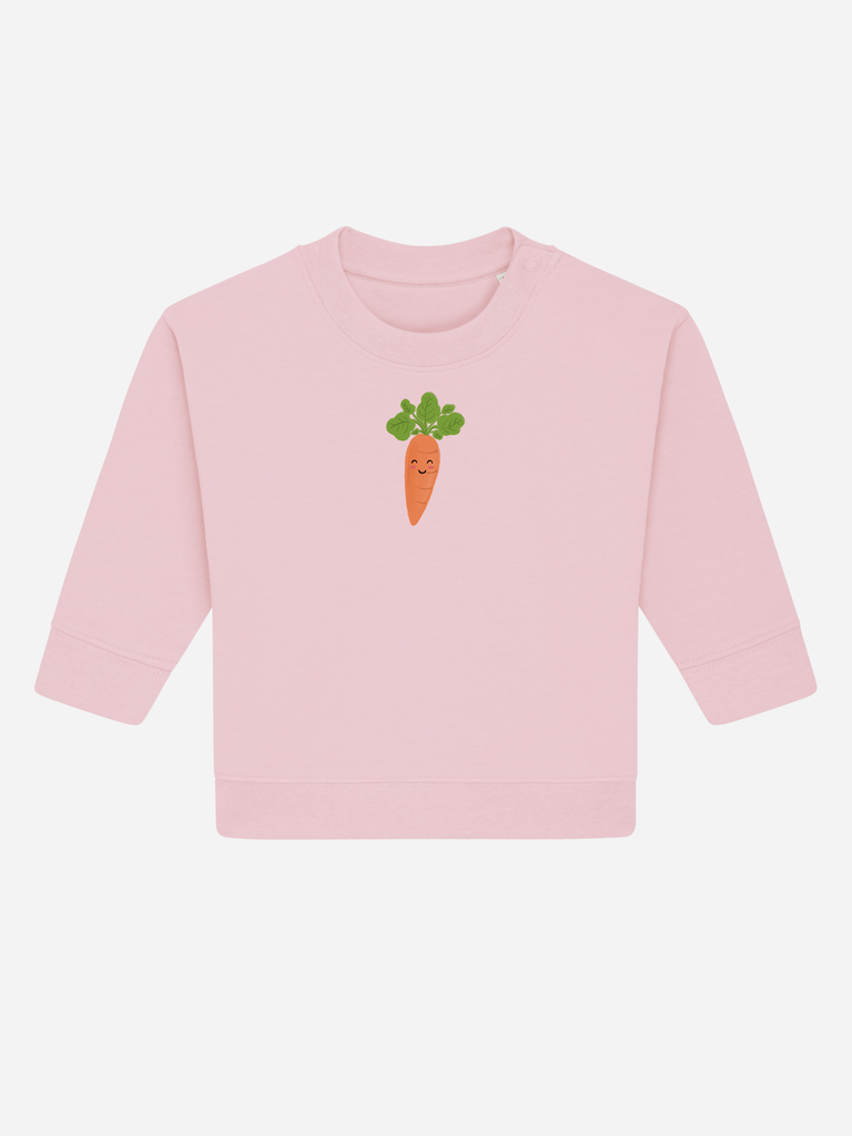 Personalisierbarer Bio-Pullover für Babys in Rosa mit fröhlicher Karottenapplikation.