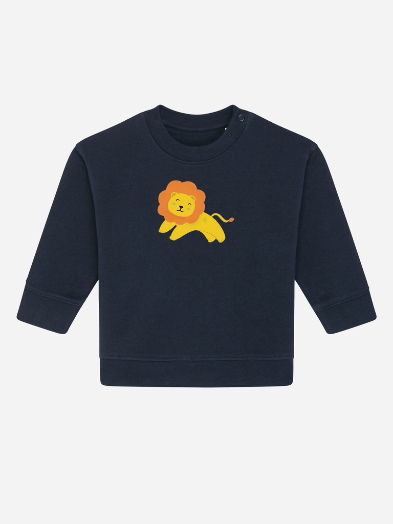 Originelles Geschenk zum 2. Geburtstag: Personalisierbarer Bio-Pullover (0–3 J.) 'Sternzeichen Löwe', Frontansicht in Dunkelblau