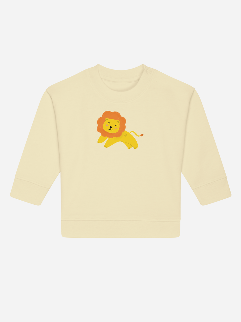Originelles Geschenk zum 2. Geburtstag: Personalisierbarer Bio-Pullover (0–3 J.) 'Sternzeichen Löwe', Frontansicht in Gelb