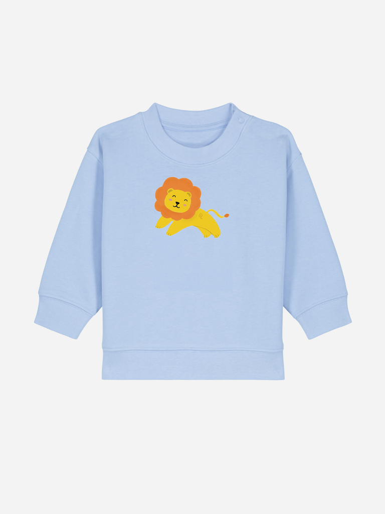 Originelles Geschenk zum 2. Geburtstag: Personalisierbarer Bio-Pullover (0–3 J.) 'Sternzeichen Löwe', Frontansicht in Hellblau