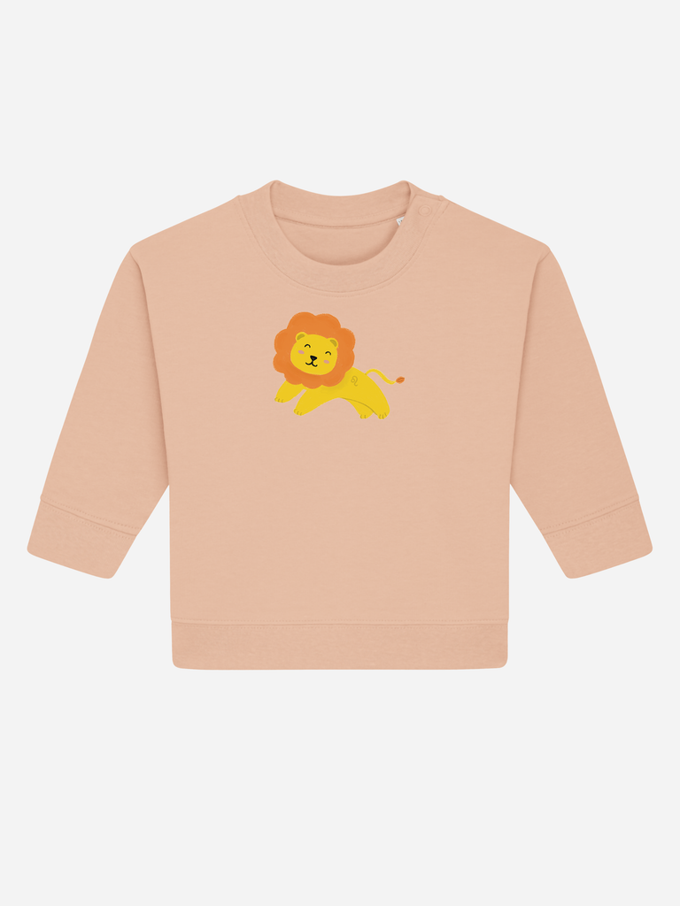 Originelles Geschenk zum 2. Geburtstag: Personalisierbarer Bio-Pullover (0–3 J.) 'Sternzeichen Löwe', Frontansicht in Orange