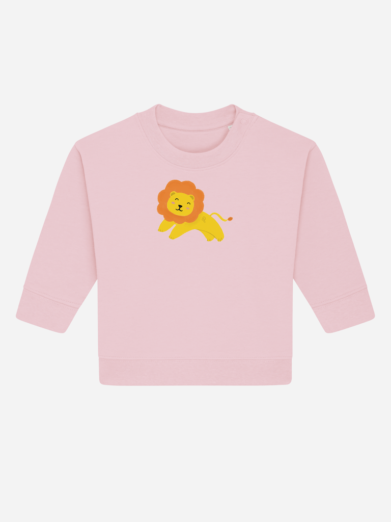 Originelles Geschenk zum 2. Geburtstag: Personalisierbarer Bio-Pullover (0–3 J.) 'Sternzeichen Löwe', Frontansicht in Rosa