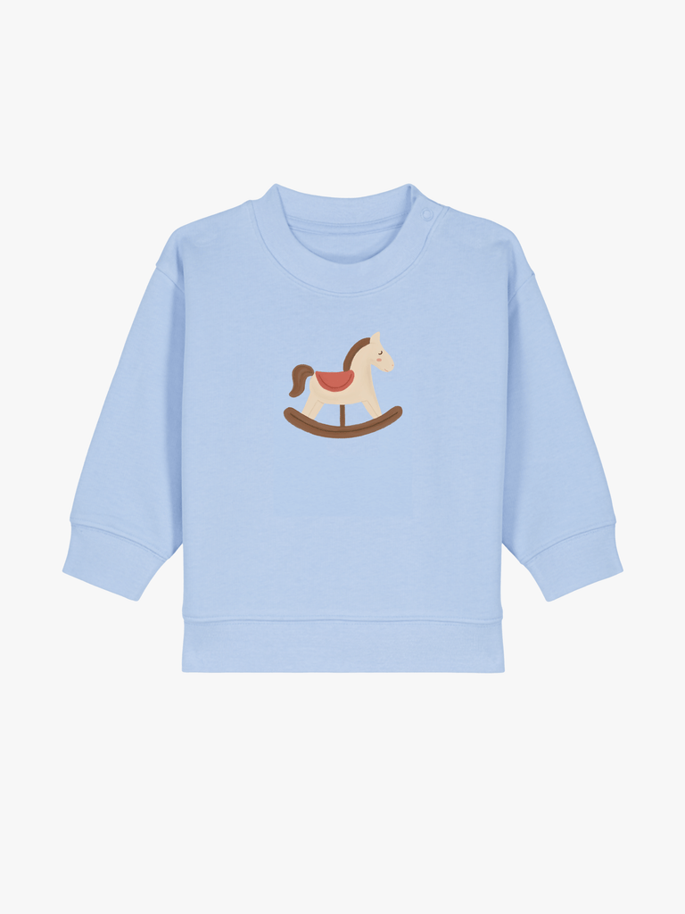 Personalisierbarer Bio-Pullover (0–3 J.) 'Schaukelpferd': Beliebtes Geschenk zu Weihnachten in freundlichem Blau.
