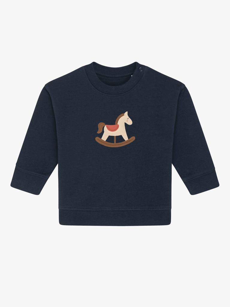 Personalisierbarer Bio-Pullover (0–3 J.) 'Schaukelpferd': Beliebtes Geschenk zu Weihnachten in dunkelblau mit Schaukelpferd-Motiv.