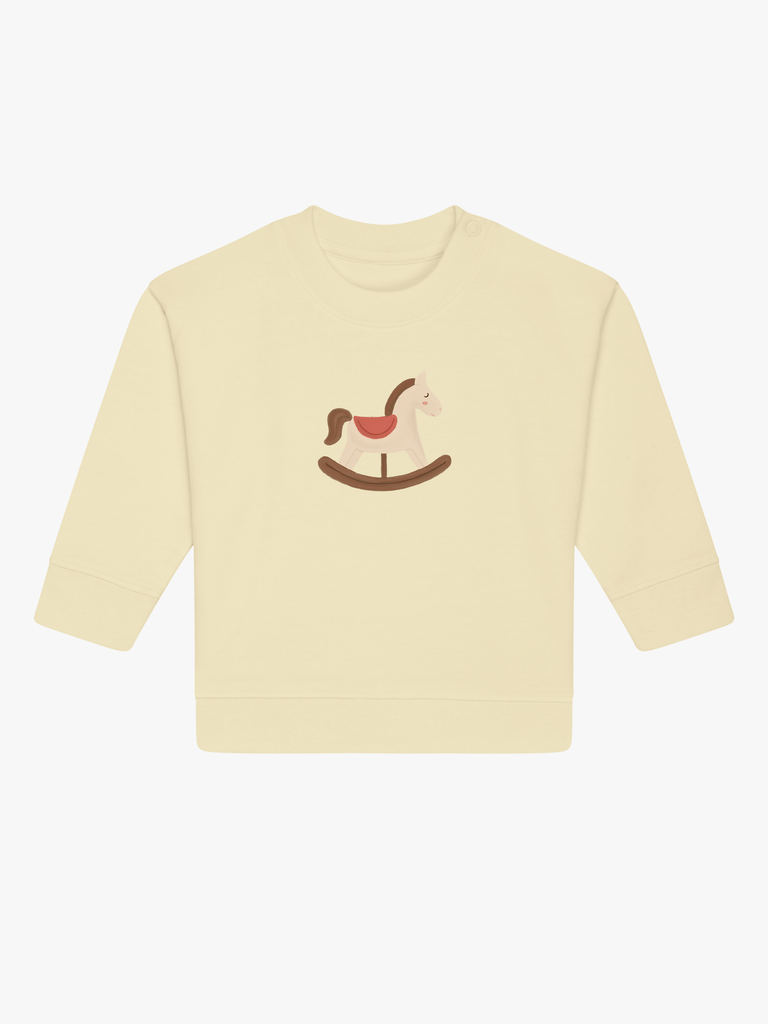 Personalisierbarer Bio-Pullover (0–3 J.) 'Schaukelpferd': Beliebtes Geschenk zu Weihnachten mit Schaukelpferd-Motiv.