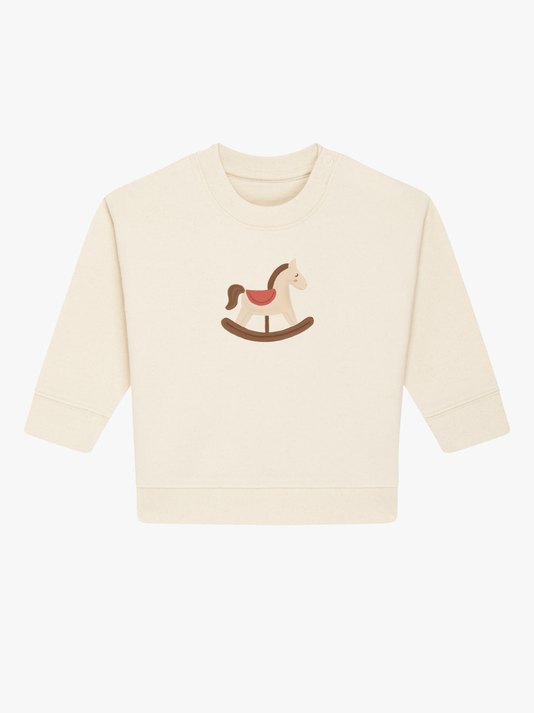 Personalisierbarer Bio-Pullover (0–3 J.) 'Schaukelpferd': Beliebtes Geschenk zu Weihnachten mit Schaukelpferd-Motiv.