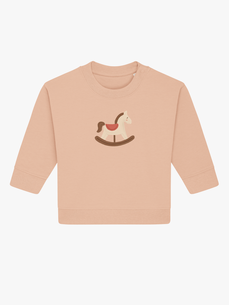 Personalisierbarer Bio-Pullover (0–3 J.) 'Schaukelpferd': Beliebtes Geschenk zu Weihnachten mit einem Schaukelpferd-Motiv.