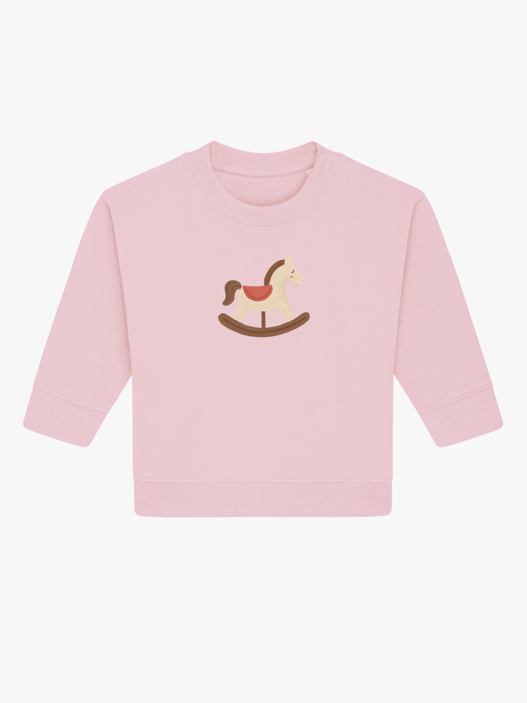 Personalisierbarer Bio-Pullover (0–3 J.) 'Schaukelpferd': Beliebtes Geschenk zu Weihnachten, rosa mit Schaukelpferd-Motiv.