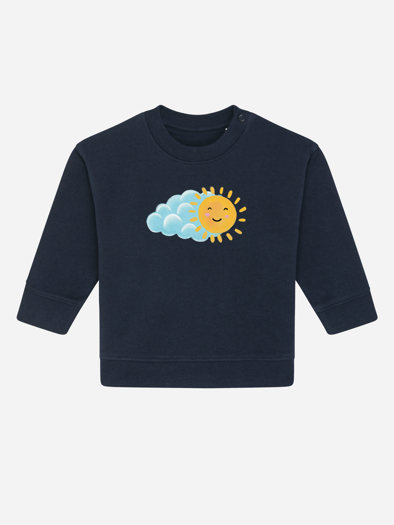 Geschenk fürs Patenkind: Personalisierbarer Bio-Pullover (0–3 J.) 'Sonne', Fronansicht in Dunkelblau