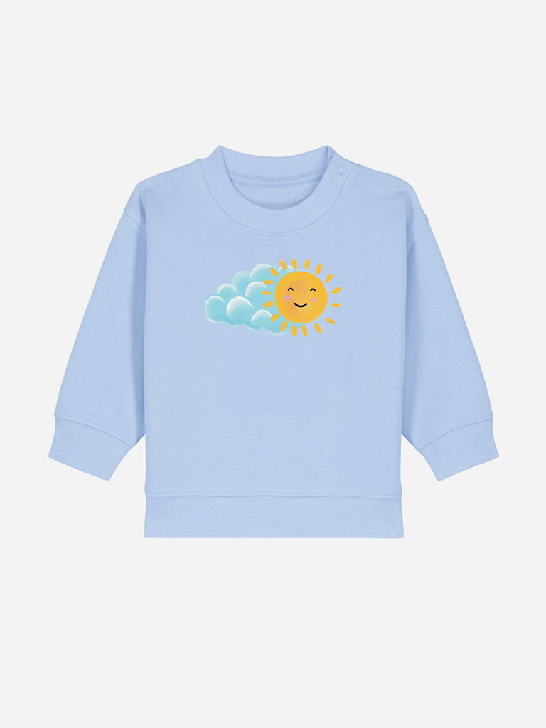 Geschenk fürs Patenkind: Personalisierbarer Bio-Pullover (0–3 J.) 'Sonne', Fronansicht in Hellblau