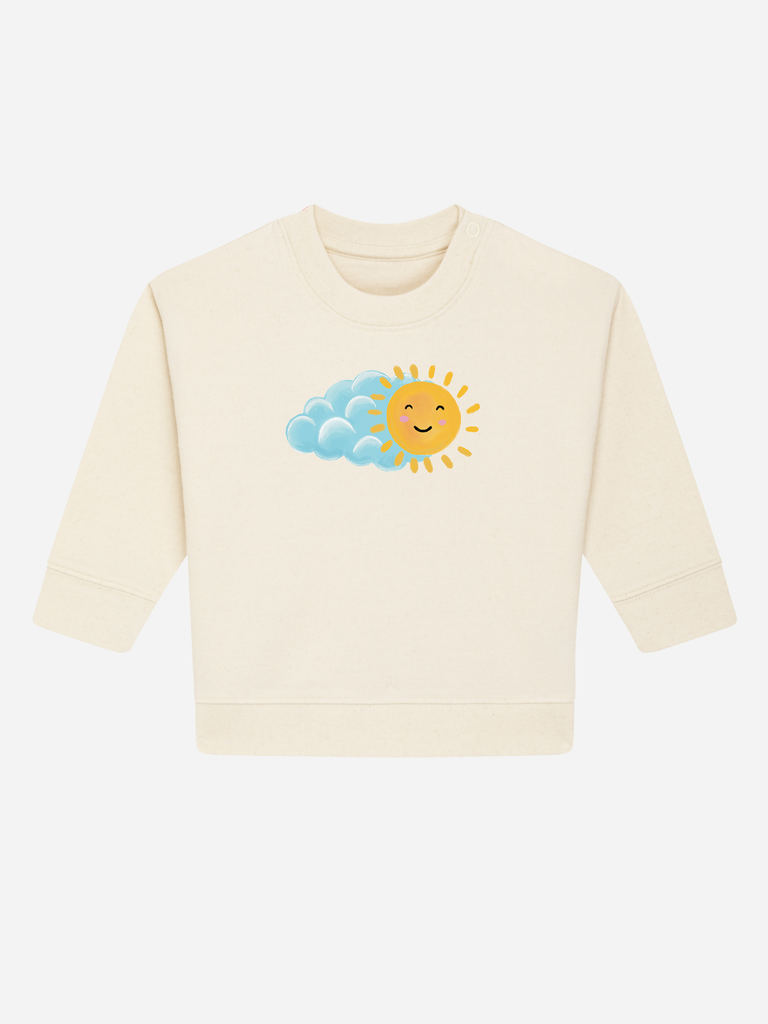 Geschenk fürs Patenkind: Personalisierbarer Bio-Pullover (0–3 J.) 'Sonne', Fronansicht in Beige