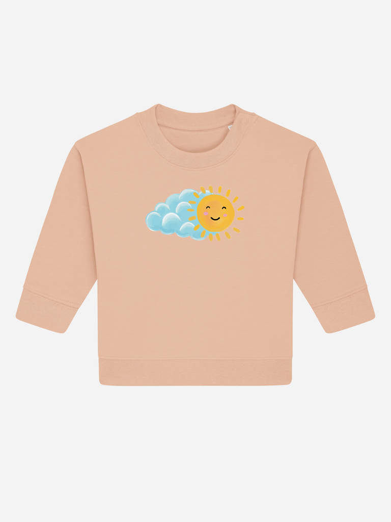 Geschenk fürs Patenkind: Personalisierbarer Bio-Pullover (0–3 J.) 'Sonne', Fronansicht in Orange