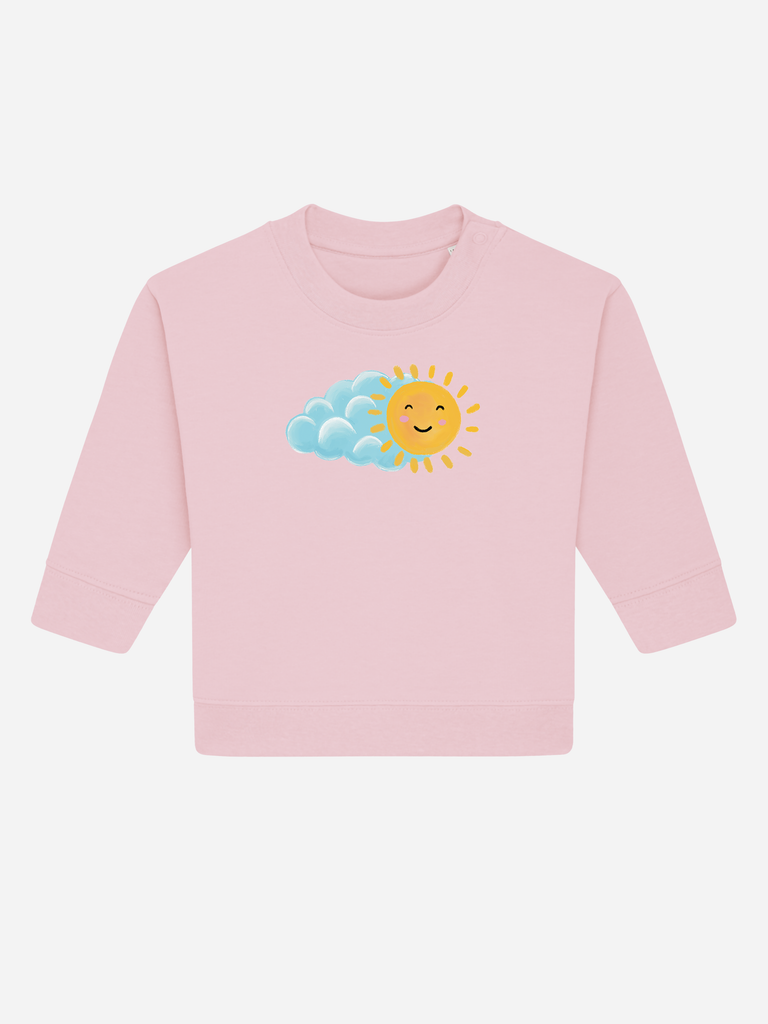 Geschenk fürs Patenkind: Personalisierbarer Bio-Pullover (0–3 J.) 'Sonne', Fronansicht in Rosa