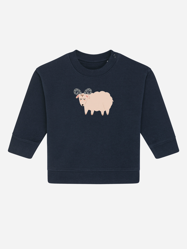 Babymode zum 1. Geburtstag: Personalisierbarer Bio-Pullover (0–3 J.) 'Sternzeichen Widder', Frontansicht in Dunkelblau