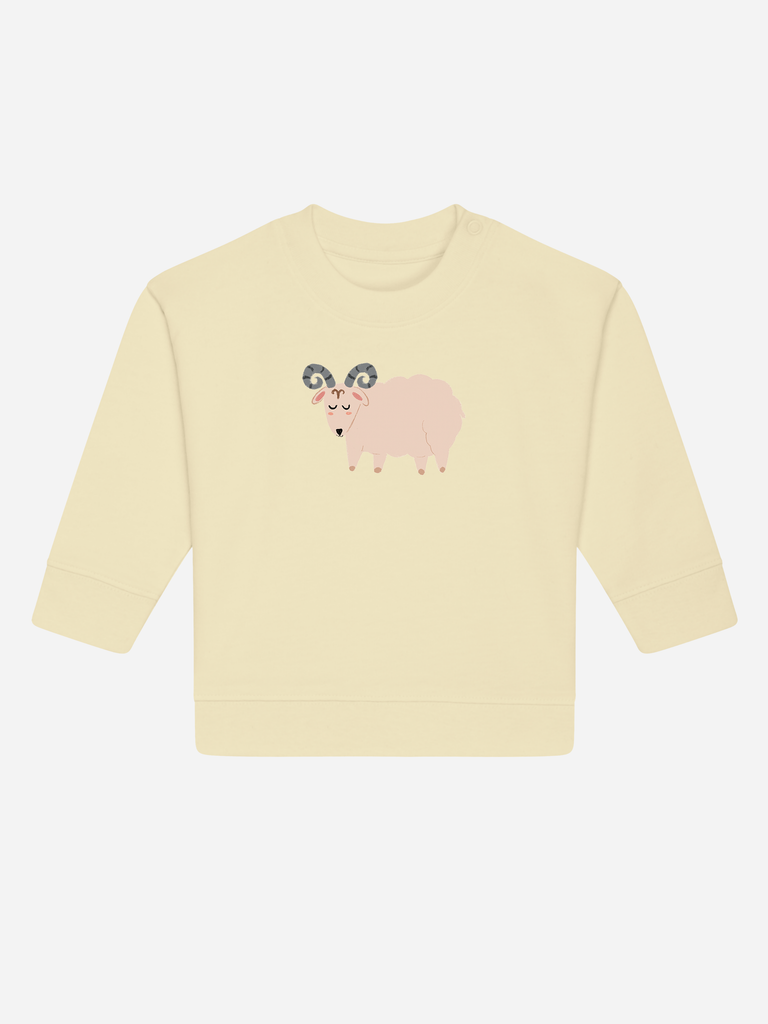 Babymode zum 1. Geburtstag: Personalisierbarer Bio-Pullover (0–3 J.) 'Sternzeichen Widder', Frontansicht in Gelb