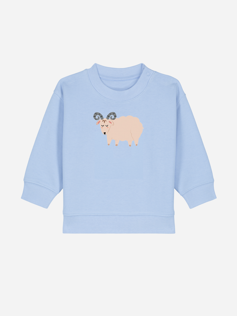 Babymode zum 1. Geburtstag: Personalisierbarer Bio-Pullover (0–3 J.) 'Sternzeichen Widder', Frontansicht in Hellblau