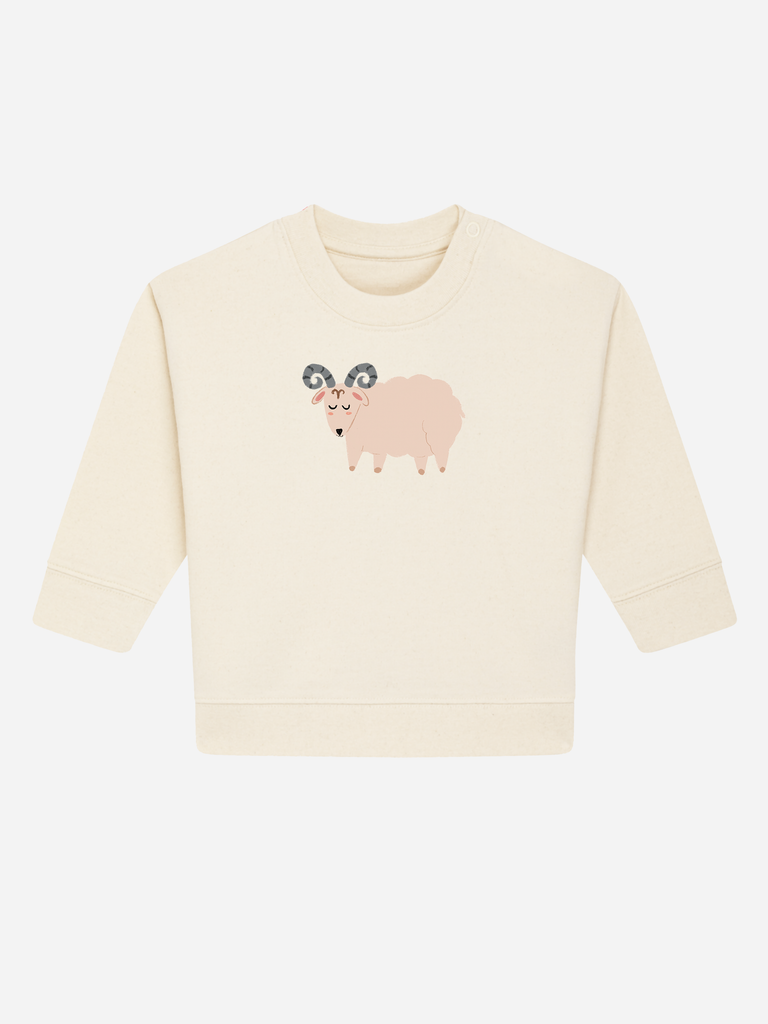 Babymode zum 1. Geburtstag: Personalisierbarer Bio-Pullover (0–3 J.) 'Sternzeichen Widder', Frontansicht in Beige