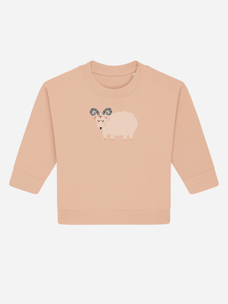Babymode zum 1. Geburtstag: Personalisierbarer Bio-Pullover (0–3 J.) 'Sternzeichen Widder', Frontansicht in Orange