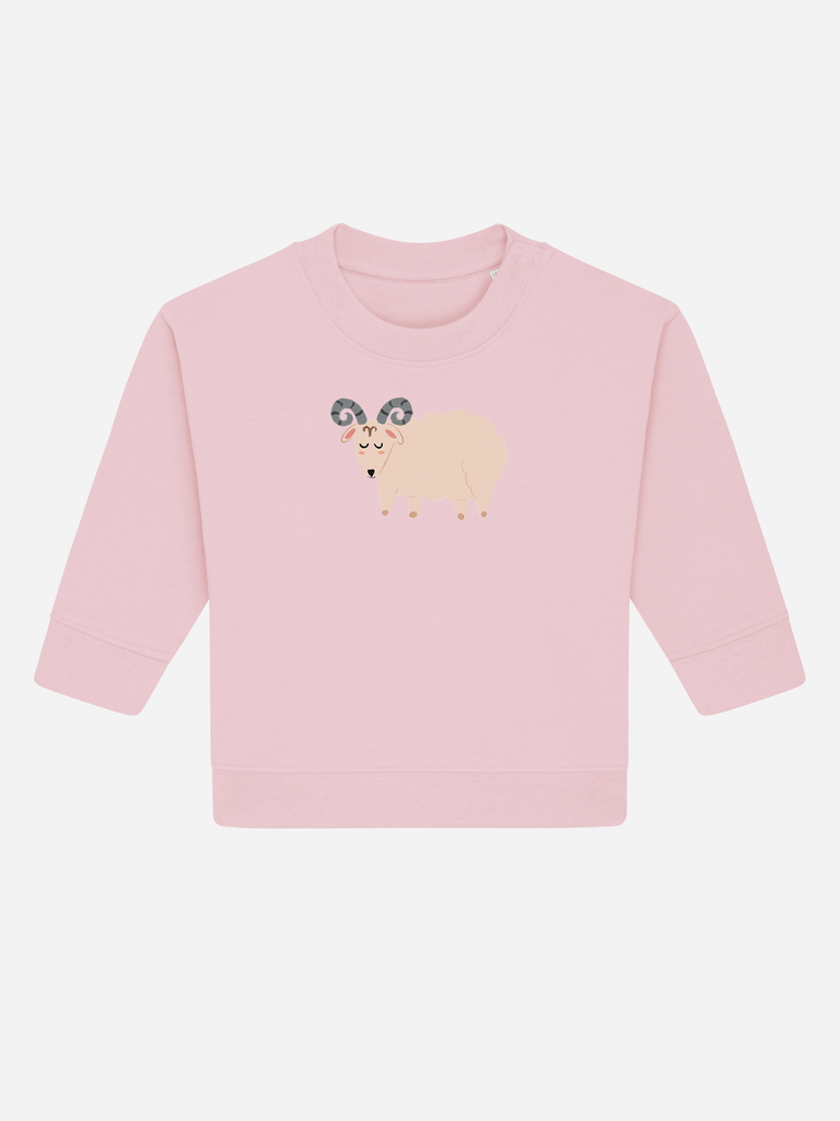 Babymode zum 1. Geburtstag: Personalisierbarer Bio-Pullover (0–3 J.) 'Sternzeichen Widder', Frontansicht in Rosa