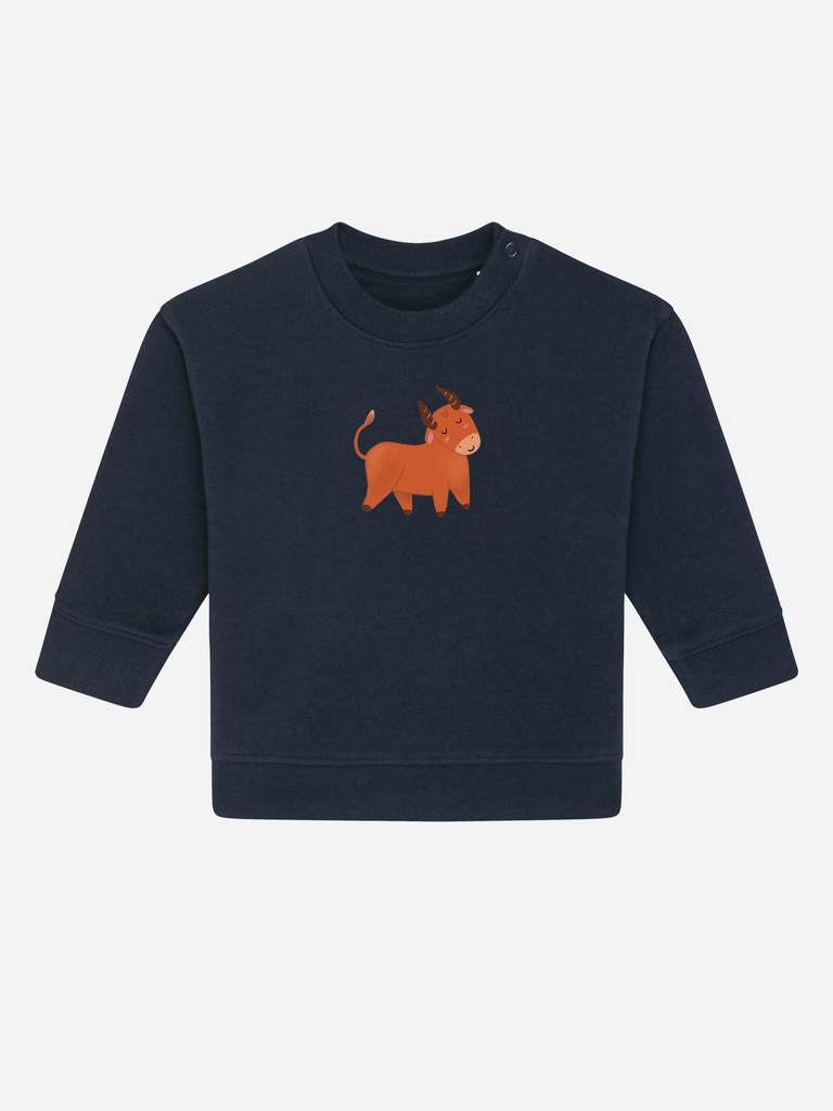 Persönliches Geschenk zum 2. Geburtstag: Personalisierbarer Bio-Pullover (0–3 J.) 'Sternzeichen Stier', Frontansicht in Dunkelblau