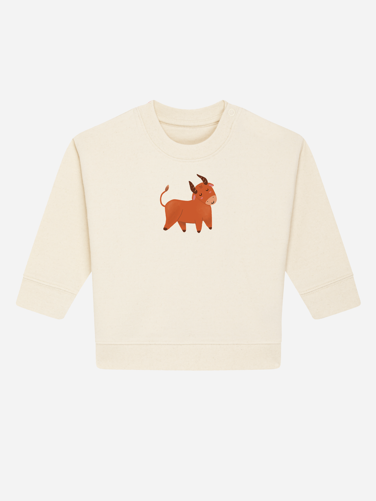 Persönliches Geschenk zum 2. Geburtstag: Personalisierbarer Bio-Pullover (0–3 J.) 'Sternzeichen Stier', Frontansicht in Beige