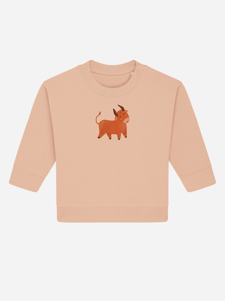 Persönliches Geschenk zum 2. Geburtstag: Personalisierbarer Bio-Pullover (0–3 J.) 'Sternzeichen Stier', Frontansicht in Orange