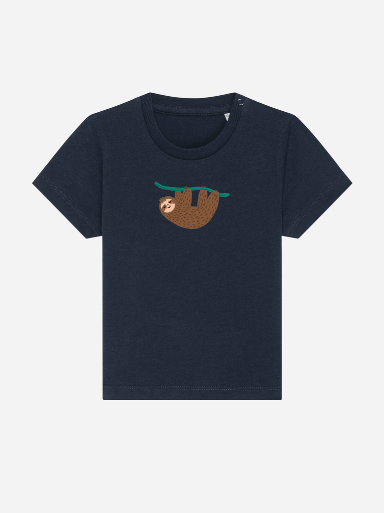 Personalisierbares Bio-T-Shirt für Kleinkinder mit Faultier-Motiv, ideal als neutrales Geschenk zur Babyparty.