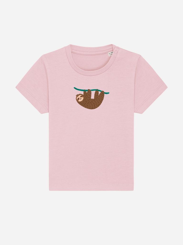 Personalisierbares Bio-T-Shirt in Rosa mit Faultier-Design, ideal als neutrales Babyparty-Geschenk für Kleinkinder.