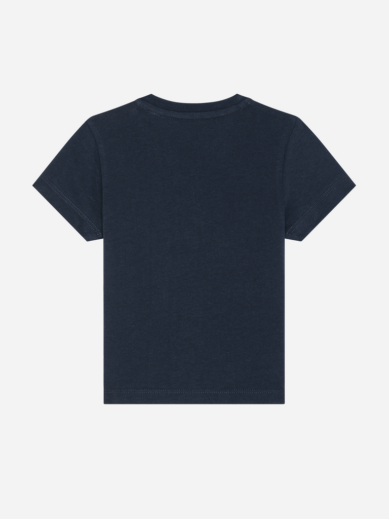 Rückansicht eines personalisierbaren Bio-T-Shirts in dunkelblau für Veggie-Kinder, geeignet für 0-3 Jahre.