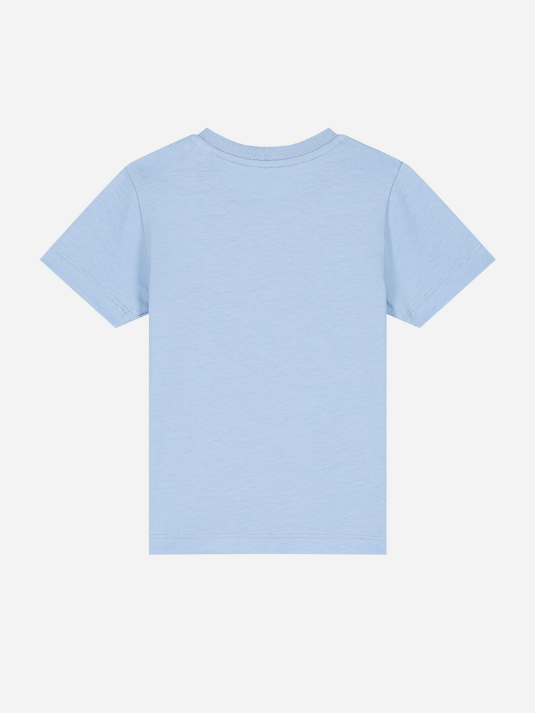 Rückansicht eines hellblauen Bio-T-Shirts für Kinder, ideal für personalisierte gesunde Mode.