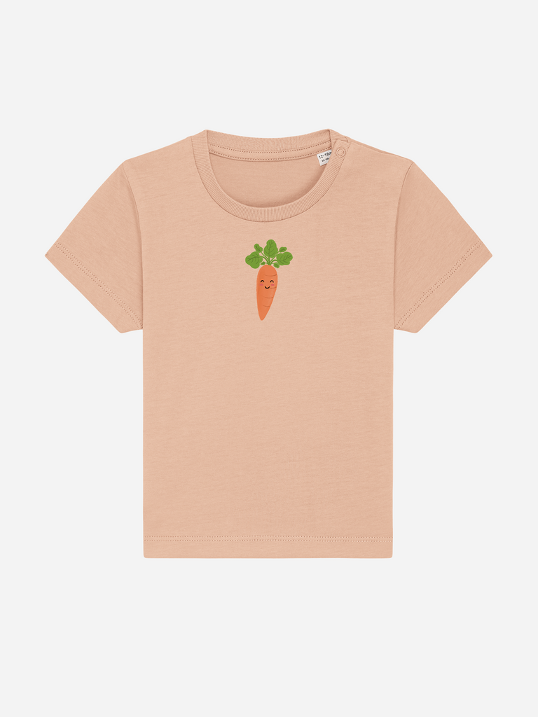 Personalisierbares Bio-T-Shirt für Kinder in Apricot mit Karottenmotiv, ideal für Veggie-Kinder.