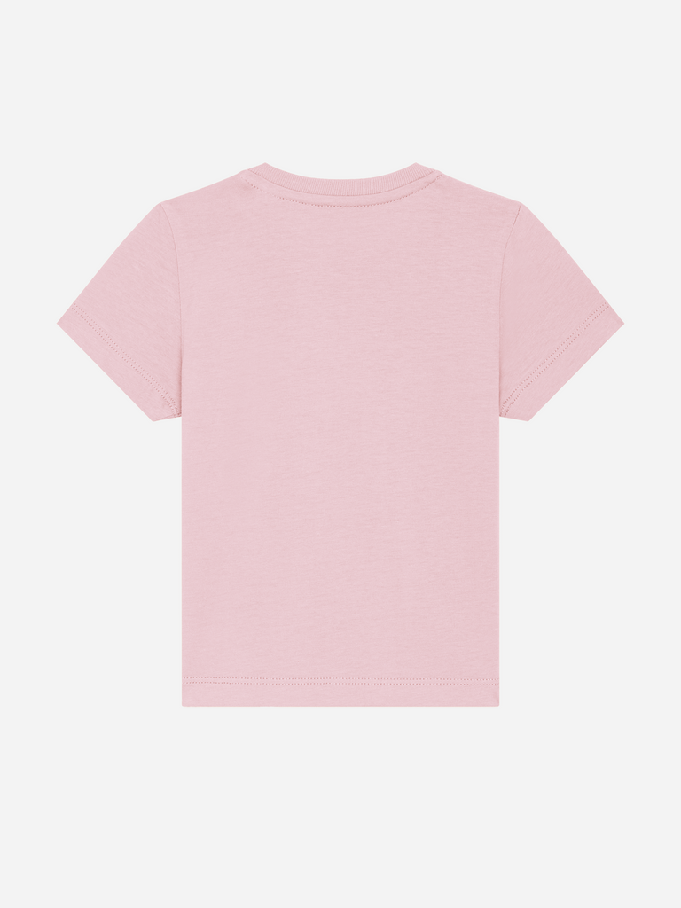 Rückansicht eines rosa personalisierbaren Bio-T-Shirts für Kleinkinder, ideal für kreative Geschenke.